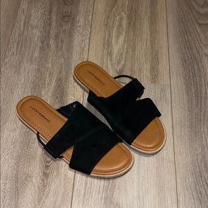 Lucky Brand Black and Tan Slide Sandals